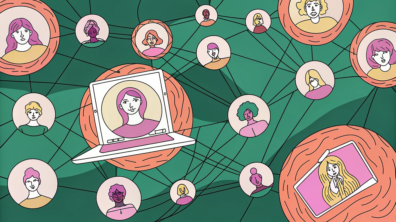 Illustration of digital networking and community building with glowing lines connecting people icons.