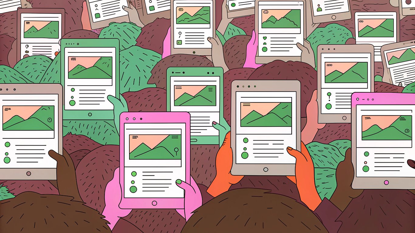 Illustration of a crowded digital space with many content pieces, representing content saturation.