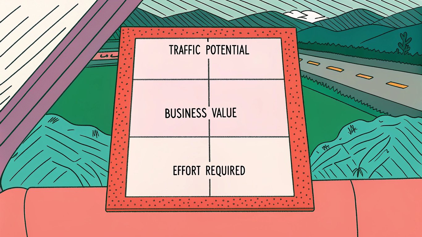 Illustration of a content triage matrix, showing how to prioritize content updates based on traffic potential, business value, and effort required.