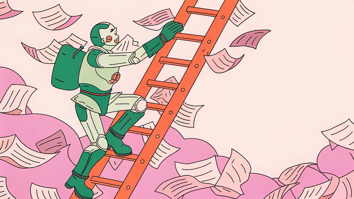 Illustration of a search engine robot on a broken ladder with pages falling, representing the negative impact of downtime on SEO rankings and crawl budget.