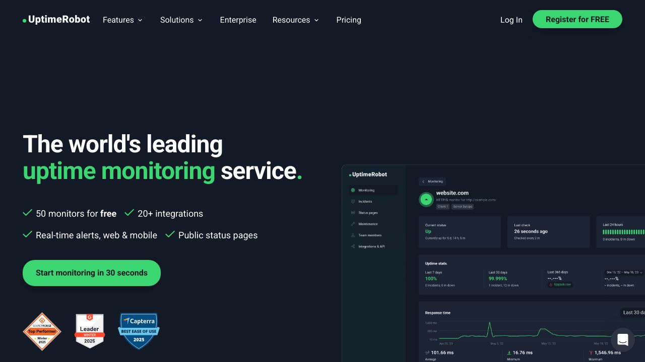 Screenshot of the UptimeRobot website homepage, showing its interface and features.