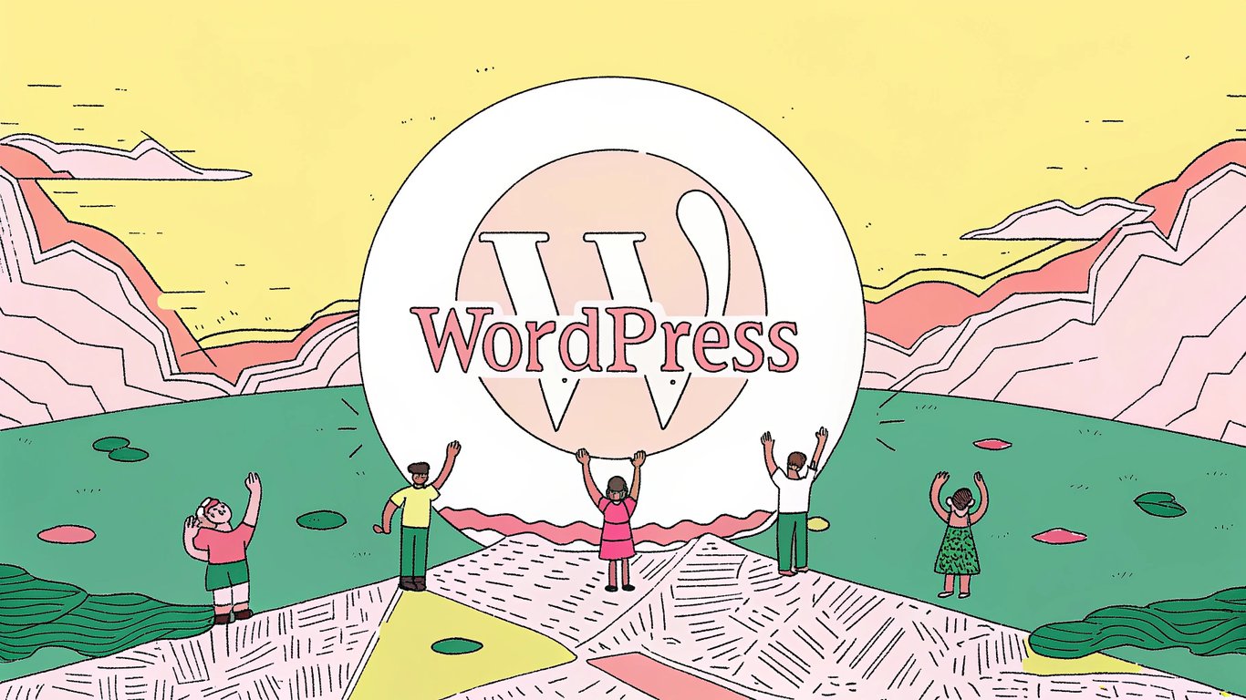 Digital illustration showing a vast network of websites powered by WordPress, with diverse developer figures representing varying skill levels.