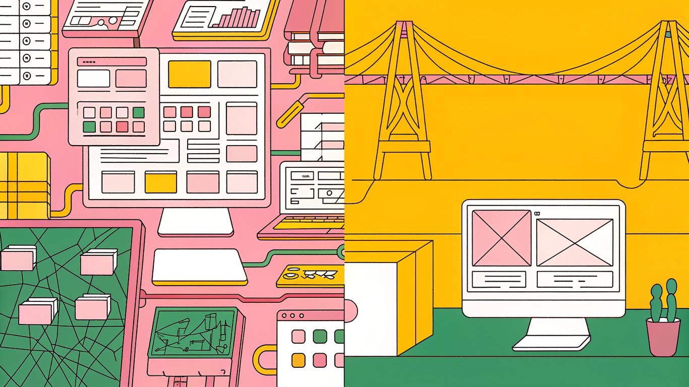 Illustration depicting the distinct roles of front-end and back-end WordPress developers, with a connection for full-stack.