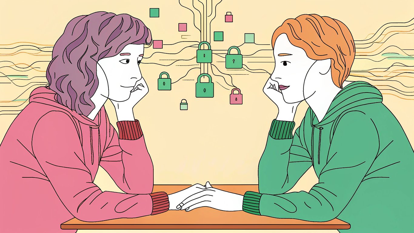 Illustration of a technical interview in progress, with abstract digital elements representing code and security.