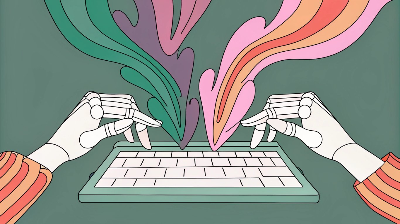 Digital illustration of a robot hand typing, with content flowing into a WordPress logo, symbolizing automated content generation.