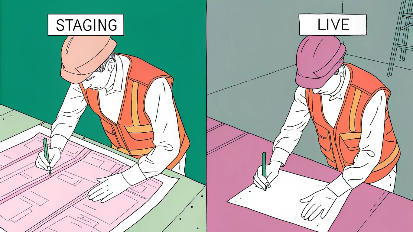 Digital illustration of a split screen: on one side, a person tests a blueprint labeled 'Staging'; on the other, a completed structure labeled 'Live', symbolizing testing before deployment.