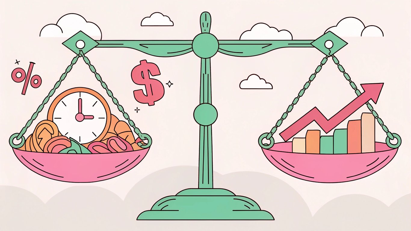 A balanced scale, with one side showing positive icons (speed, growth) and the other showing negative icons (broken link, warning sign), illustrating the benefits and risks of autoblogging.