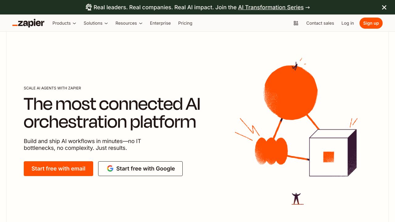 The homepage of Zapier, an automation platform, showing various app integrations.