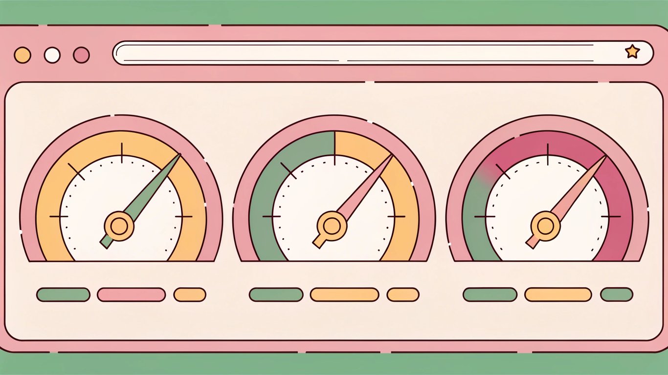 Digital dashboard with three green gauges indicating excellent website performance metrics for Core Web Vitals.