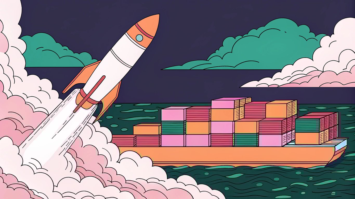 Illustration comparing a fast, lightweight rocket to a slow, heavy cargo ship, representing theme performance.