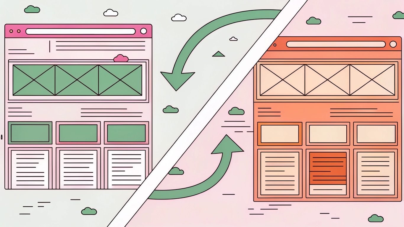 Illustration comparing dynamic blog posts on a timeline with static website pages as foundational blocks.