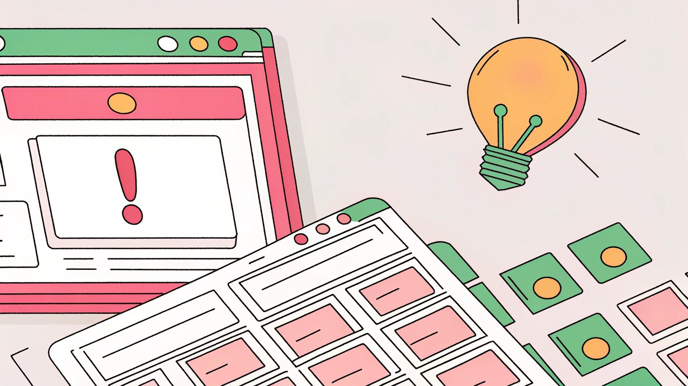 A glowing digital score meter hovering over a stack of neatly organized content blocks, a tangled knot of keywords with a red exclamation mark, a bright path leading through a maze of search results, a light bulb illuminating a clean, structured outline