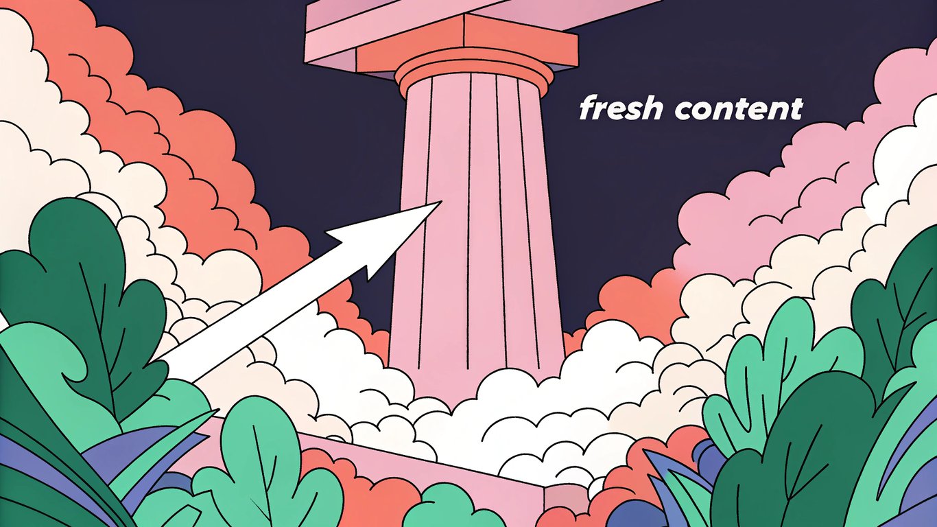 Illustration of new content being built upon a strong, existing foundation, symbolizing leveraging existing authority for growth.