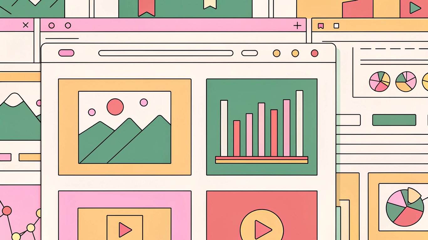 Illustration of a web page with various multimedia elements including a video, chart, infographic, and screenshot, demonstrating enhanced content quality.