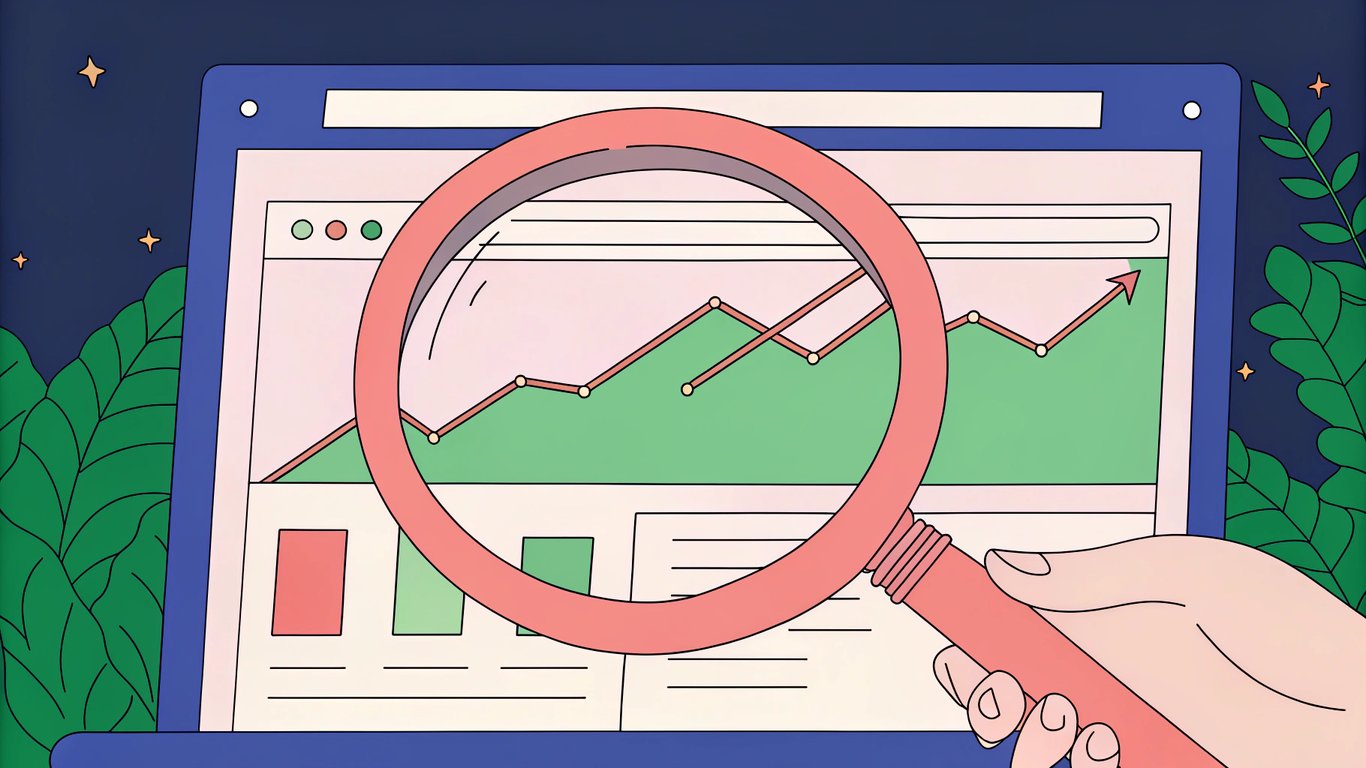 Illustration representing search engine optimization, showing a magnifying glass over search results and an upward trend graph for visibility.