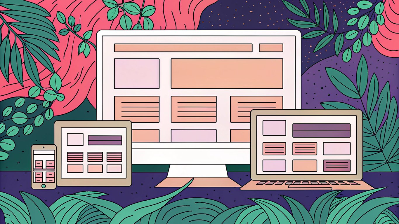 Illustration demonstrating responsive web design, with a website layout adapting to fit desktop, laptop, tablet, and smartphone screens.