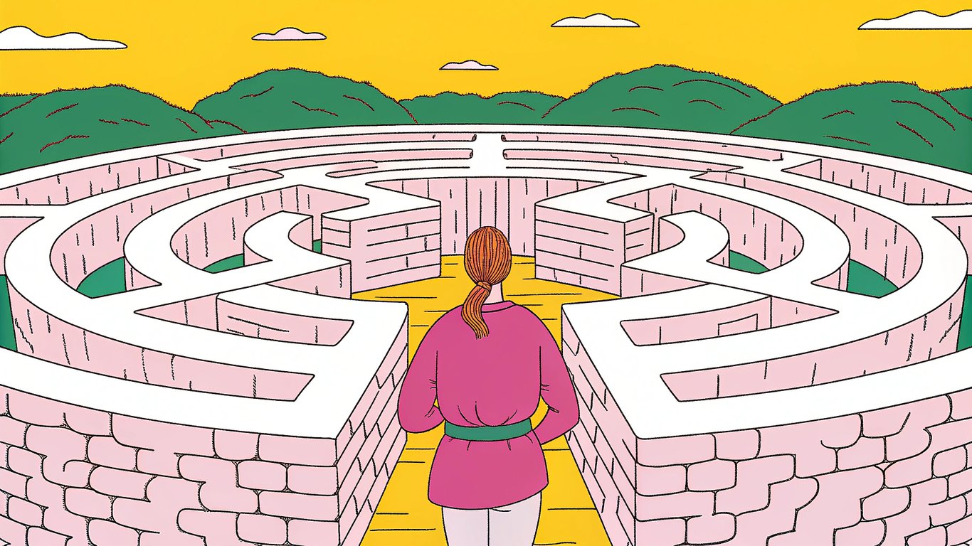A person facing a complex maze, symbolizing difficult hosting choices
