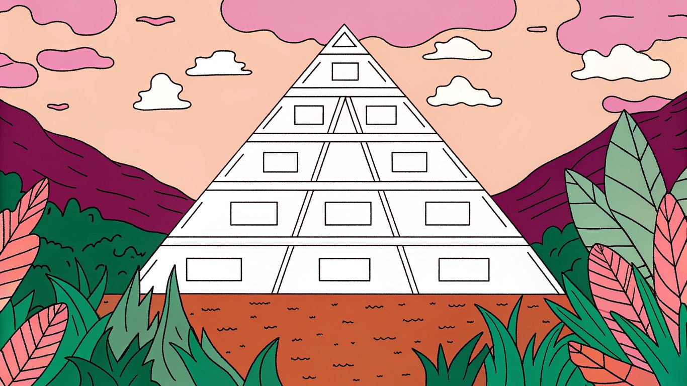 Illustration of a content hierarchy, showing H1 at the top of a pyramid, followed by H2s and H3s, representing a structured document outline.