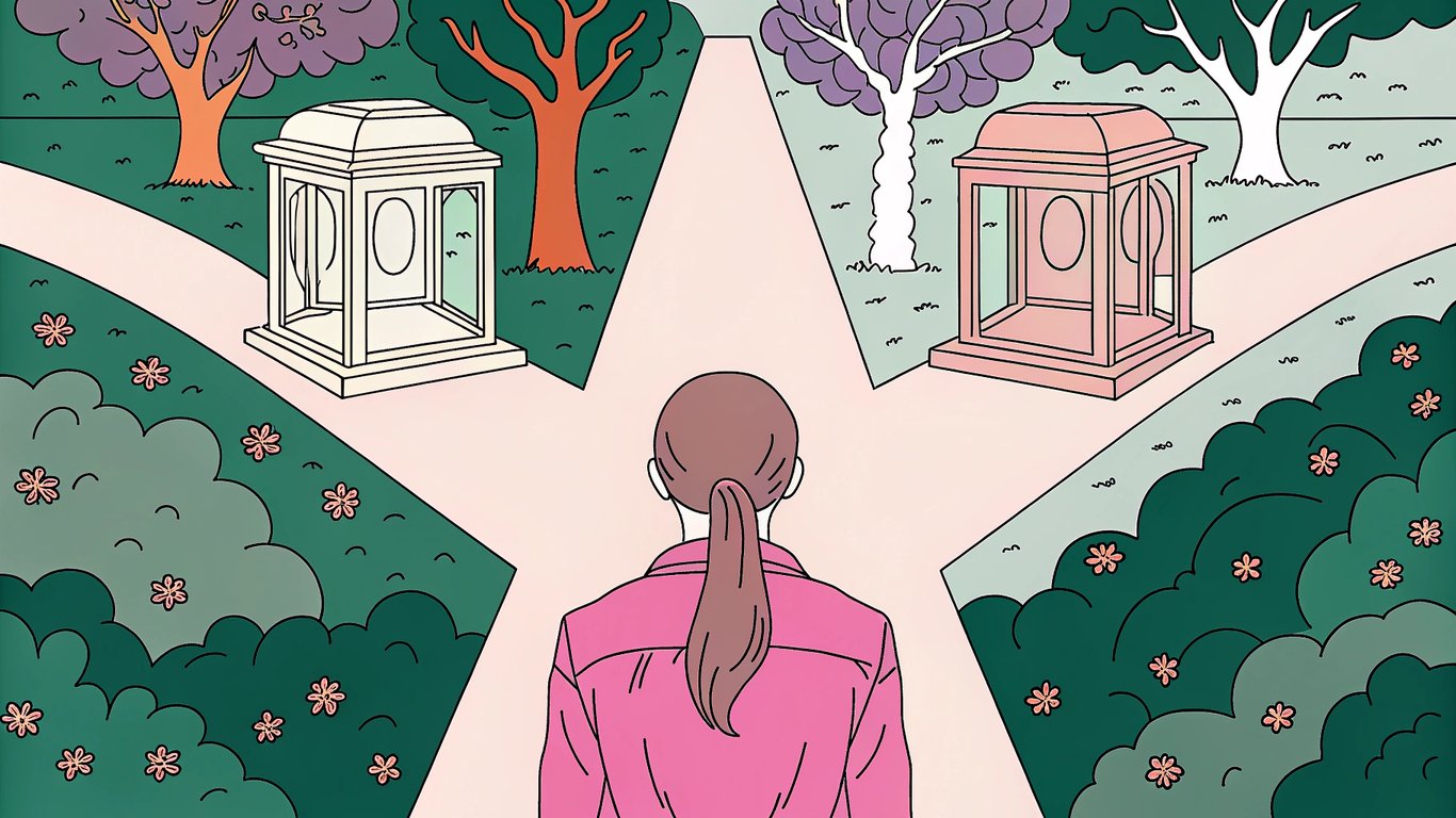 A visual metaphor of a writer choosing between a simple, enclosed path and a complex, open path.