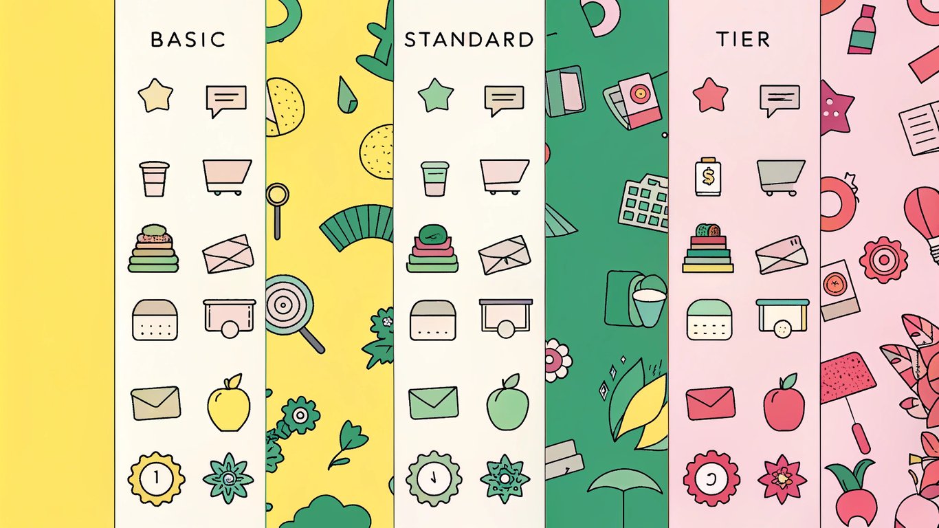 Three tiered columns representing basic, standard, and premium pricing plans, showing increasing features and value.