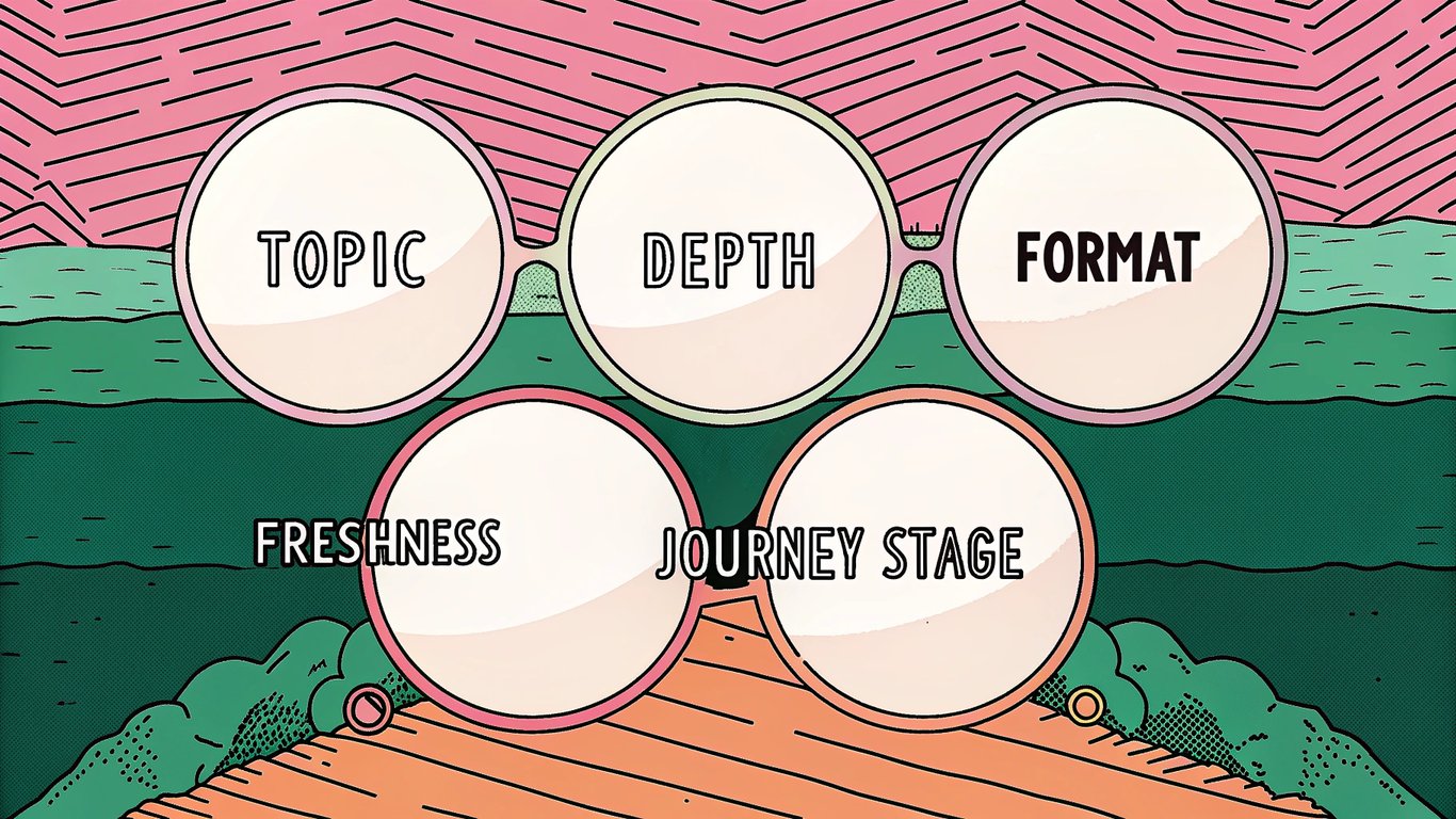 Icons representing five types of content gaps: Topic, Depth, Format, Freshness, and Journey Stage.