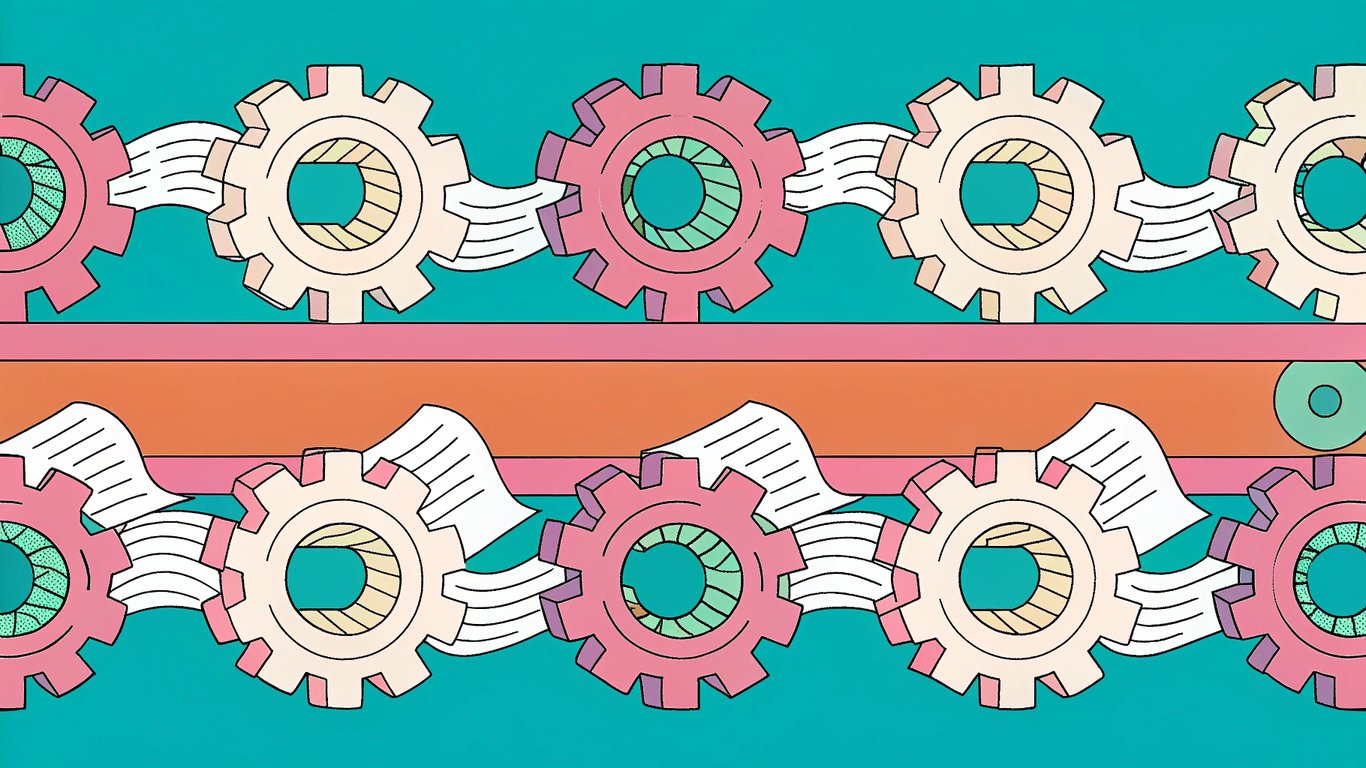 Interconnected gears processing content documents, illustrating an automated content workflow.