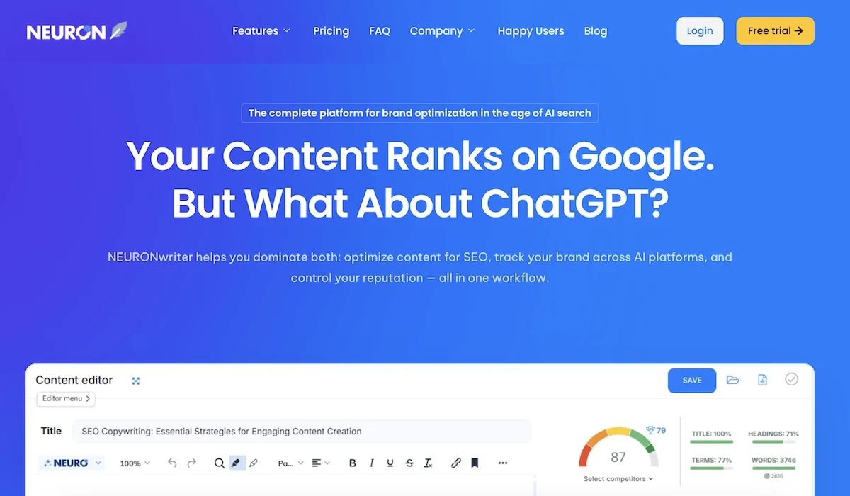 NeuronWriter homepage screenshot