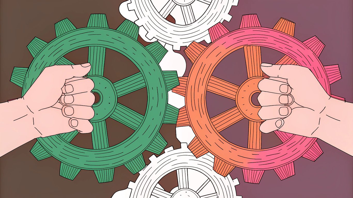 Two interlocking gears symbolizing a choice or comparison between two SEO plugins.