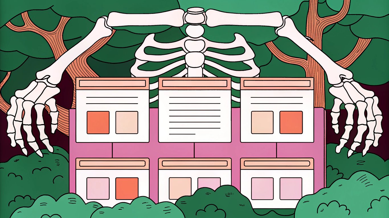 Illustration of a webpage's heading structure as a content skeleton, showing H1 as the main bone, H2s as major branches, and H3s as smaller sub-branches.