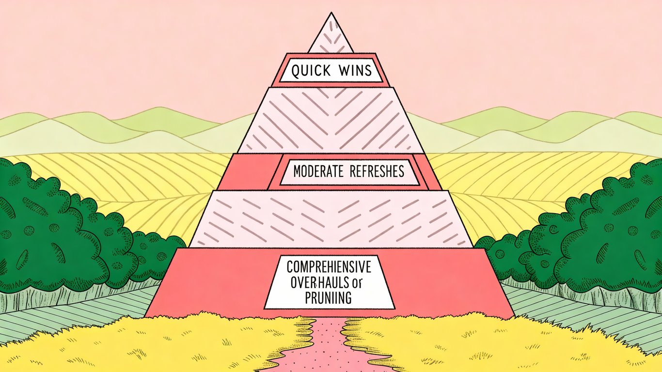 Content Refresh Prioritization Pyramid showing quick wins, moderate refreshes, and comprehensive overhauls.