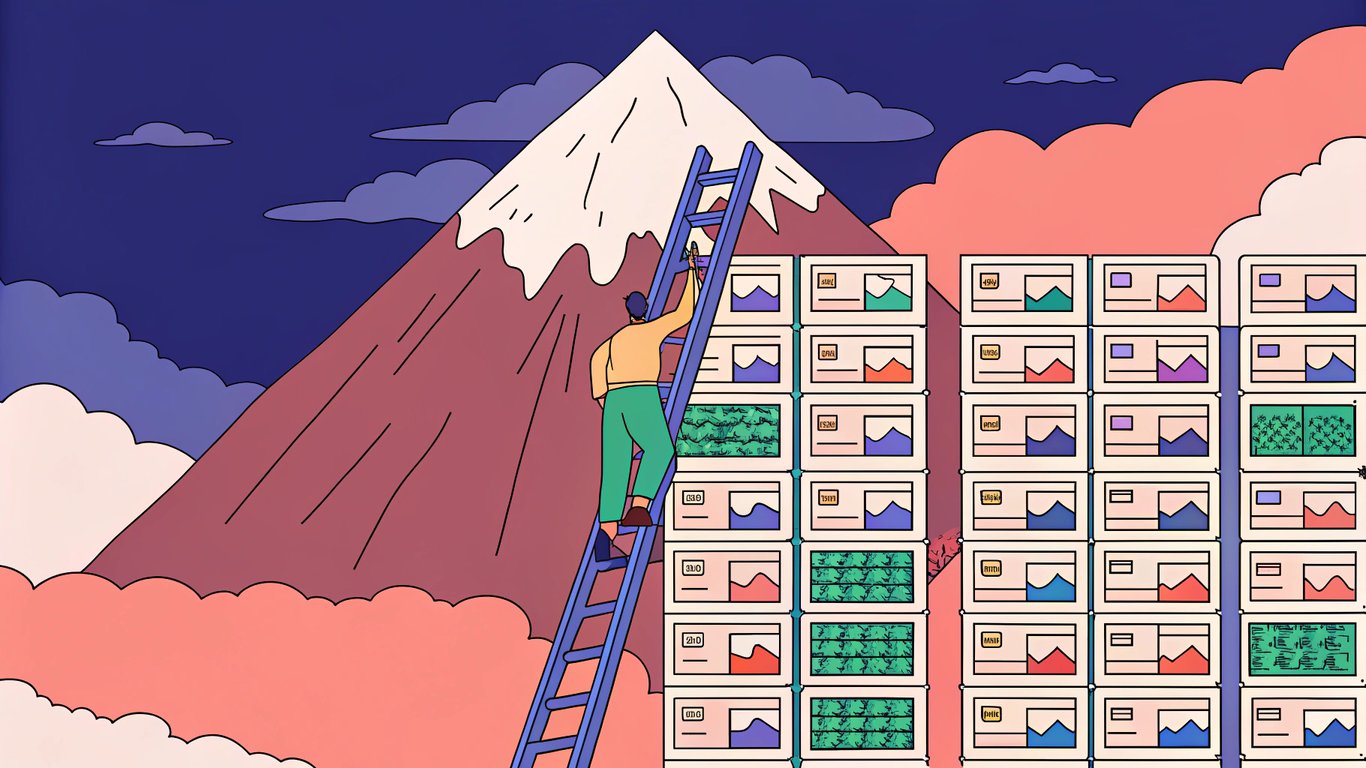 A person climbing a ladder of search results towards a mountain peak, symbolizing the challenge of improving Google ranking.