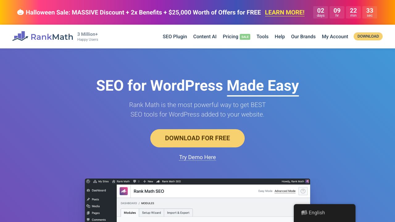 The homepage of the Rank Math SEO plugin website.