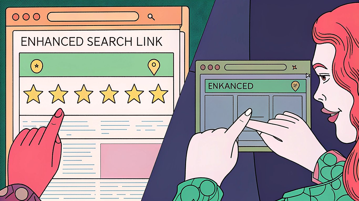 Side-by-side comparison of a basic search engine result and a rich snippet showing star ratings, an image, and extra details.