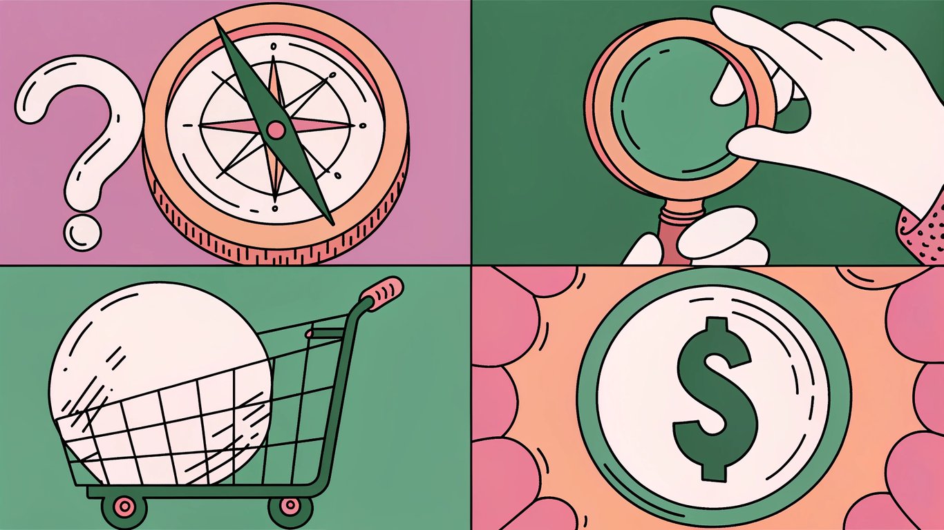 Four icons representing the main types of search intent: a question mark (informational), a compass (navigational), a shopping cart (transactional), and a magnifying glass with a dollar sign (commercial investigation).