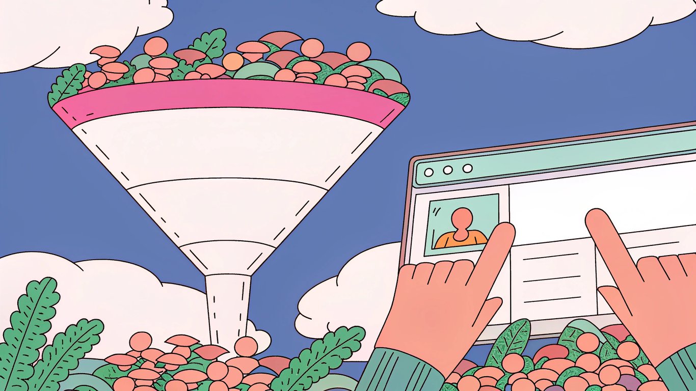 Illustration of a marketing funnel representing search performance metrics: wide top for impressions, narrowing for clicks, leading to a website, with a ranking position shown.