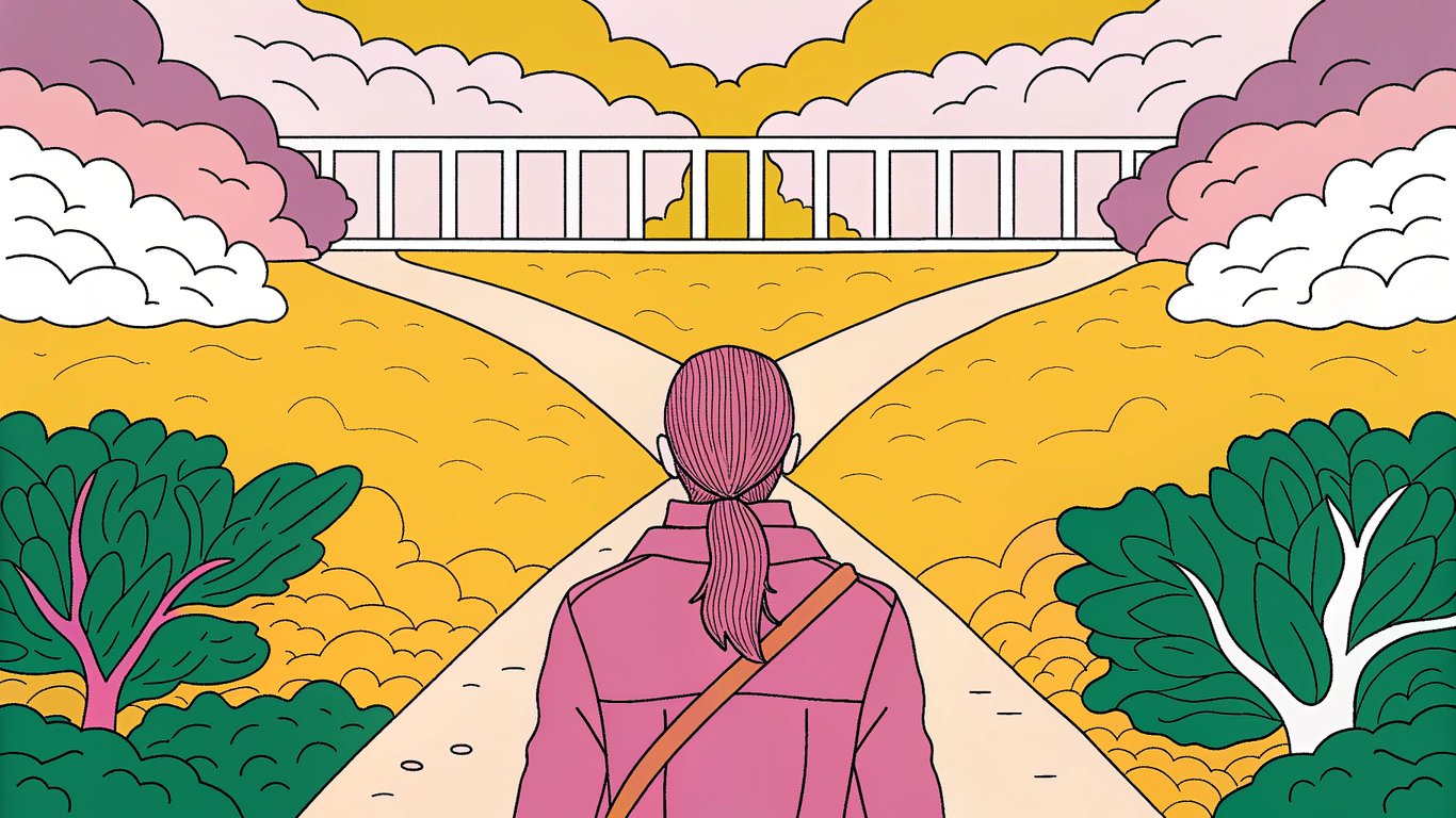 Illustration of a person making a decision at a crossroads, with a comparison post acting as a bridge to a clear path.