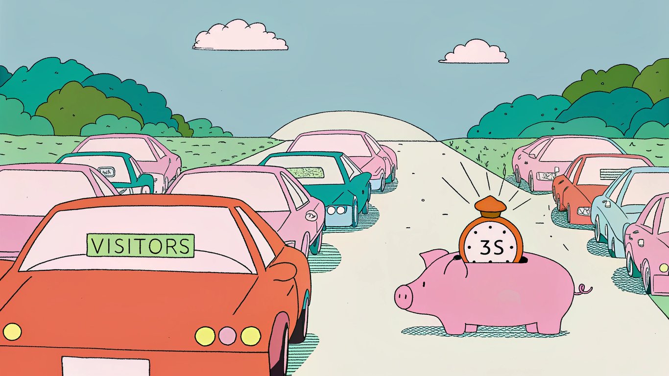 A congested digital highway with cars labeled “Visitors” stuck in traffic, a stopwatch ticking away seconds with each tick turning into a dollar sign that disappears, a broken piggy bank leaking coins into a drain, a digital clock displaying “3s” with a red alarm signal.
