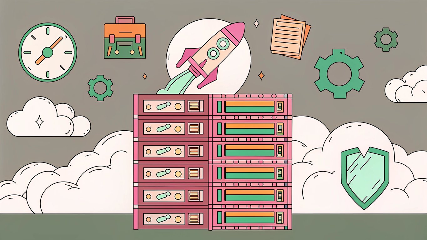 Server rack with a rocket icon blasting from a web page stack, a clock with rotating gears indicating caching times, a glowing memory chip symbolizing Redis or Memcached, a shield icon representing secure browser caching