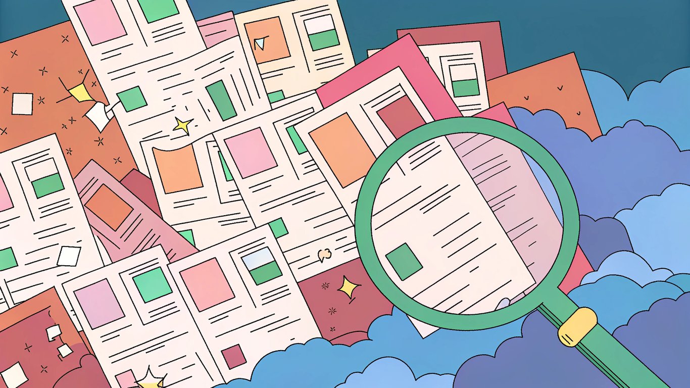 Digital landscape showing an overwhelming amount of generic content being filtered by a search engine.