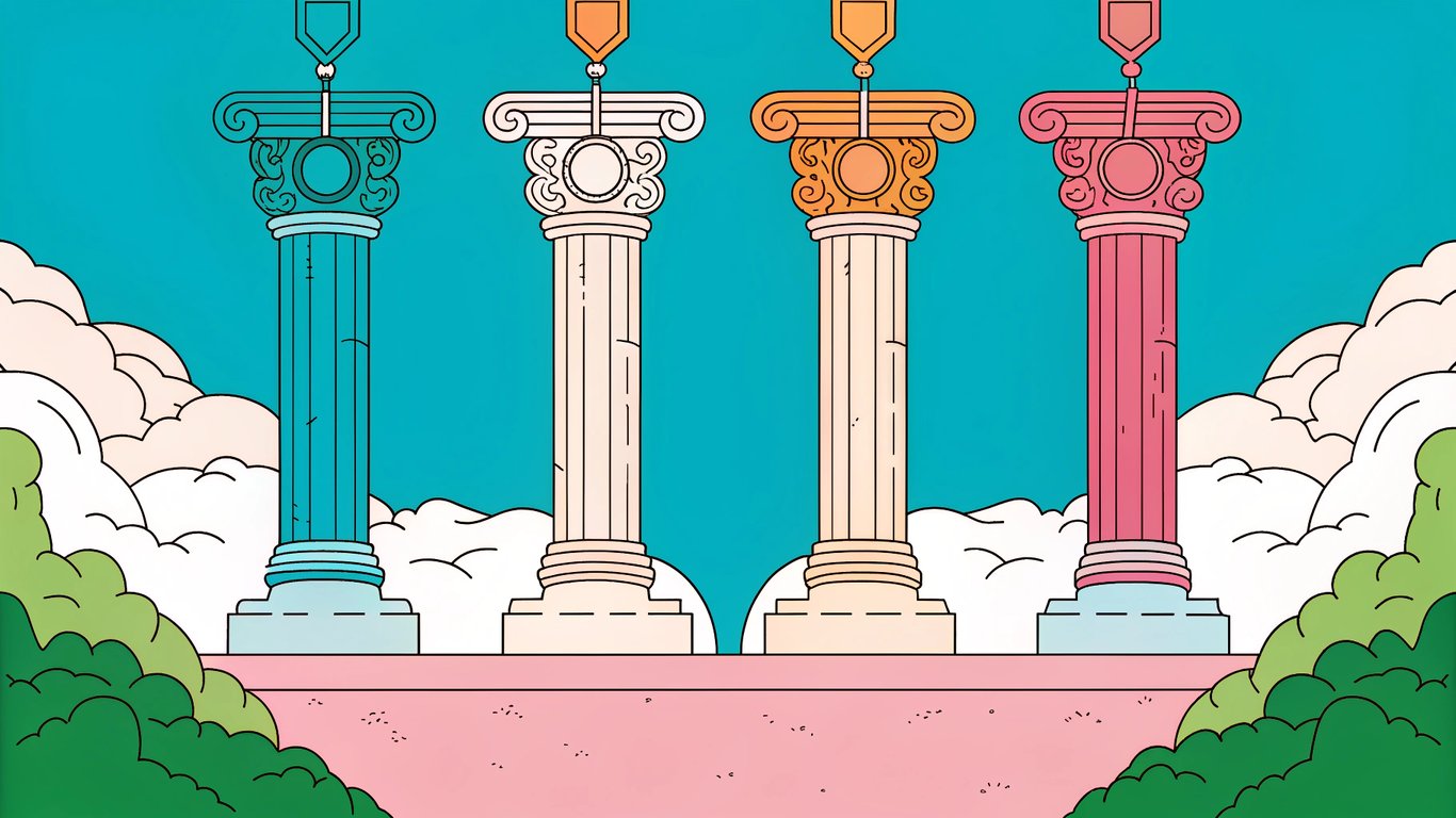 Four pillars representing Experience, Expertise, Authoritativeness, and Trustworthiness supporting a platform.