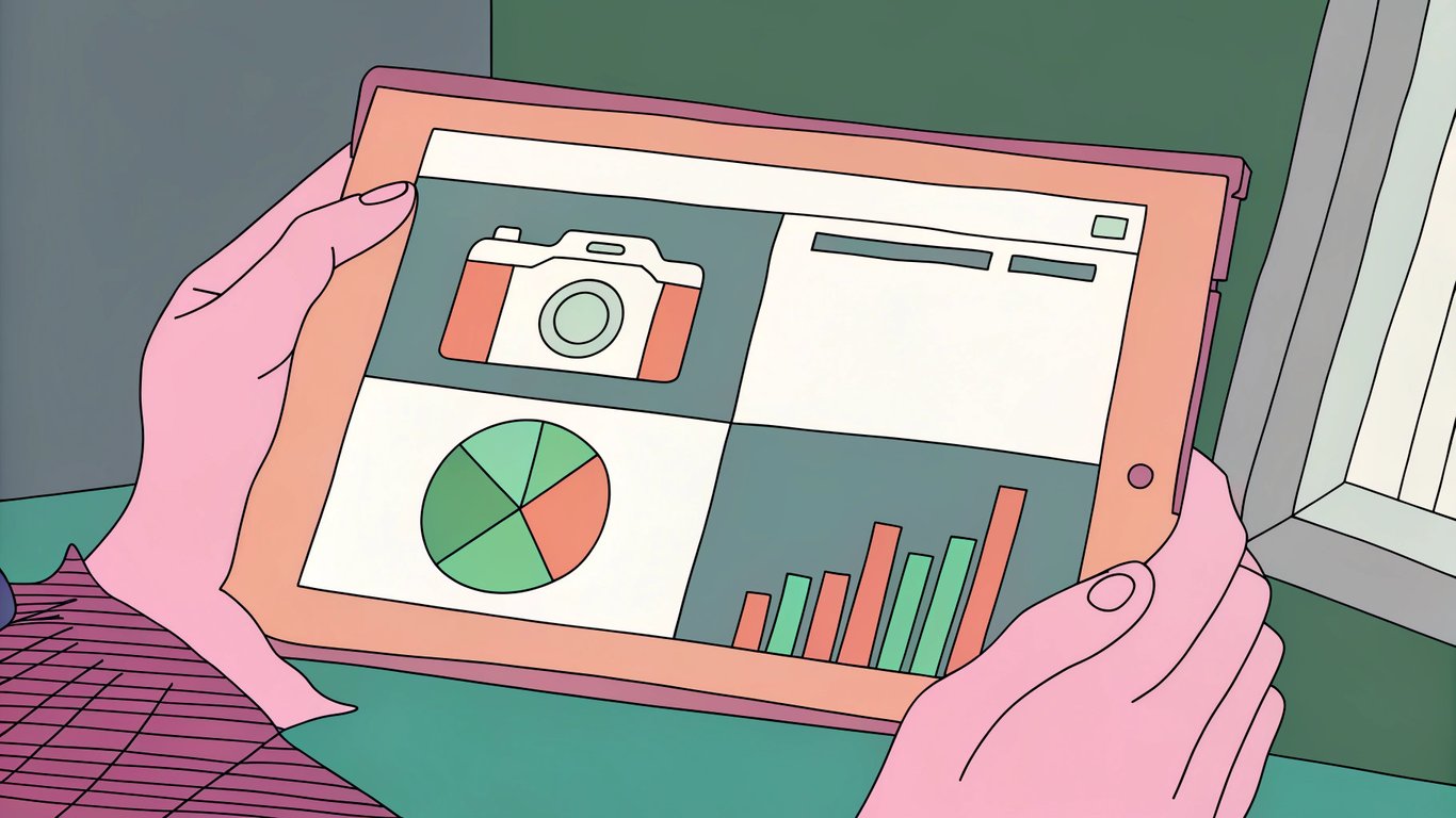 Hands holding a tablet taking a picture of a computer screen showing data analytics.