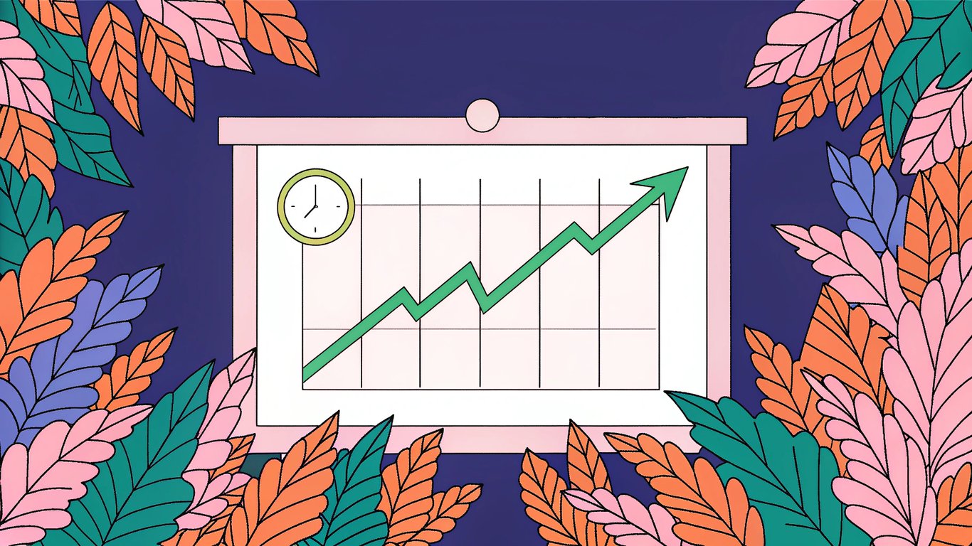 An upward trending graph with fresh leaves and a clock, representing improved SEO rankings, freshness, and engagement.
