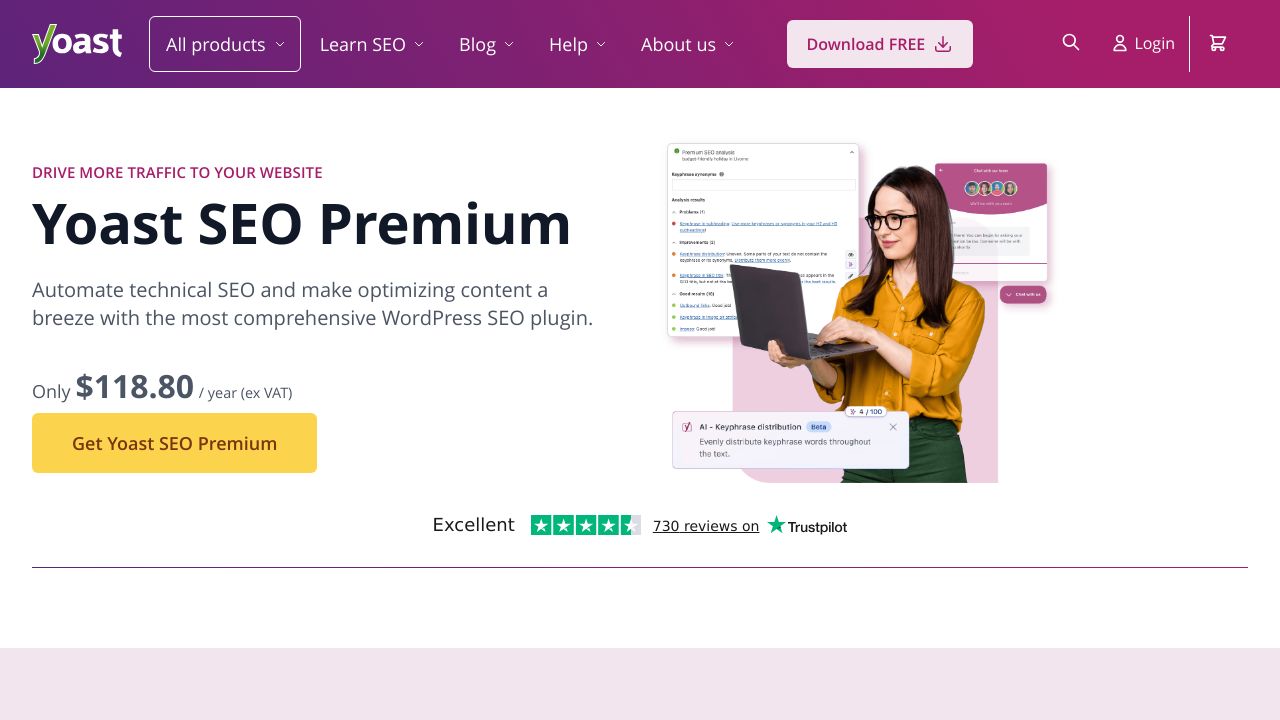 Screenshot of the Yoast SEO plugin product page, showing its features.