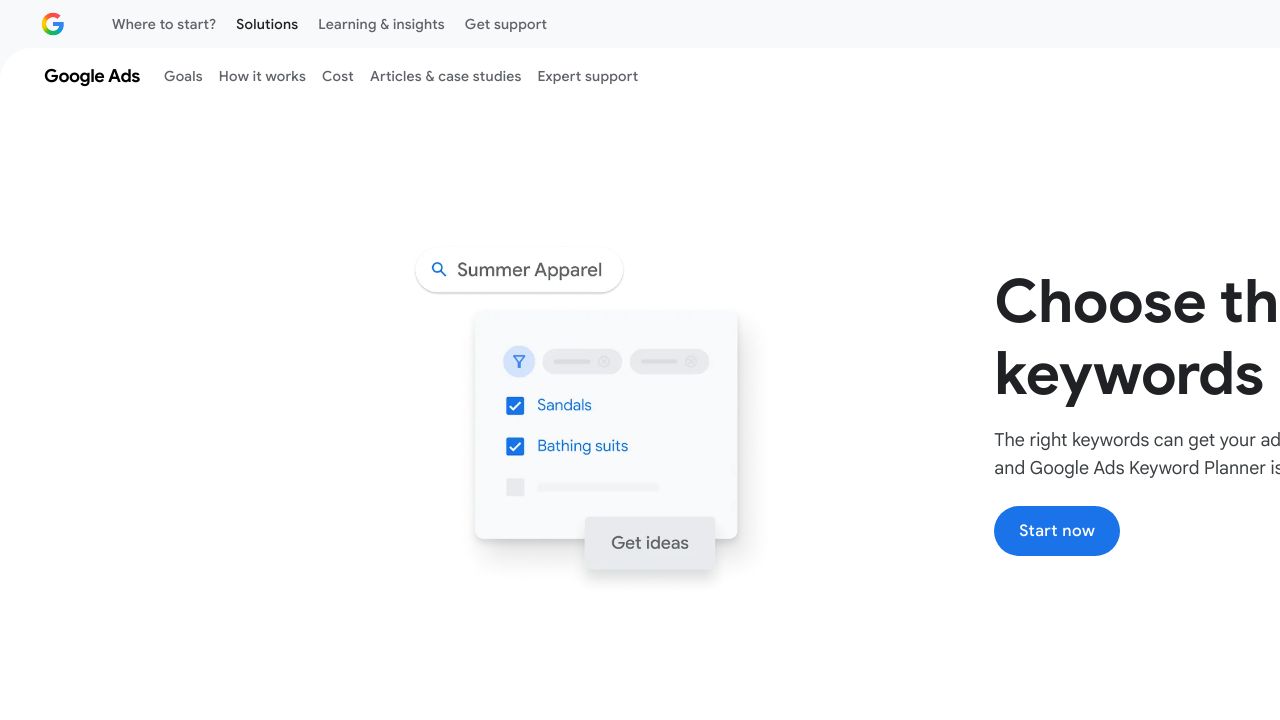 Screenshot of the Google Keyword Planner landing page, highlighting its features.