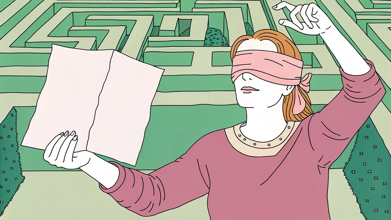 A blindfolded person lost in a dark maze, representing the challenge of creating content without tracking its performance.