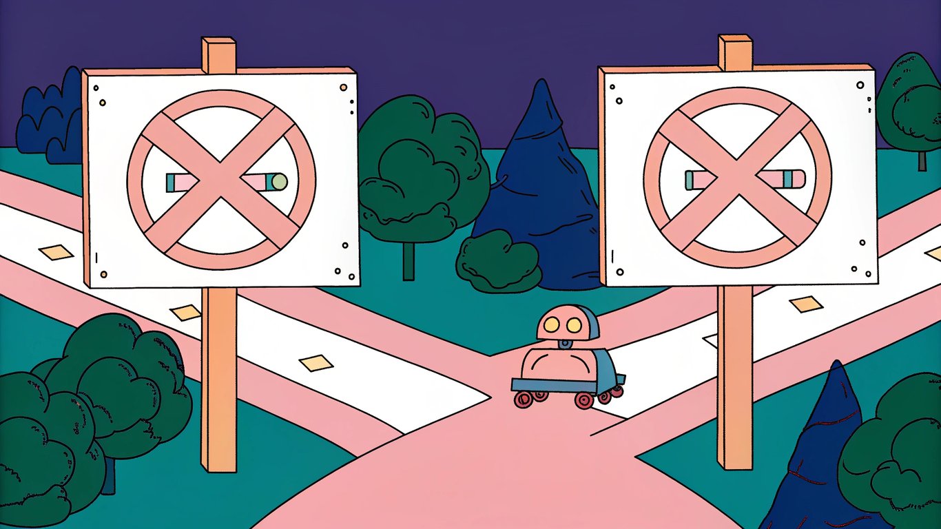 A robot following signs on a path, symbolizing robots.txt guiding web crawlers.