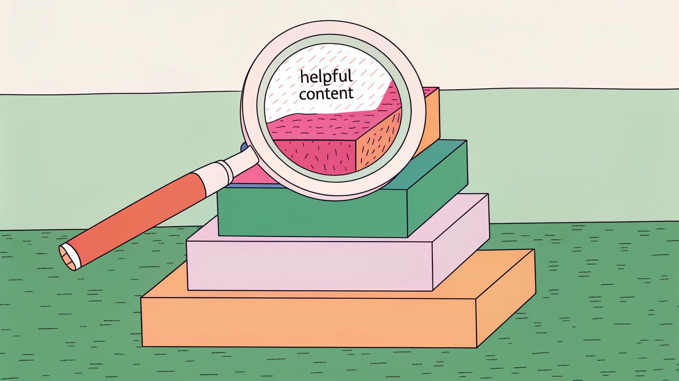 Illustration of a magnifying glass highlighting a glowing 'Helpful Content' block among many generic content blocks, representing Google's focus on quality.