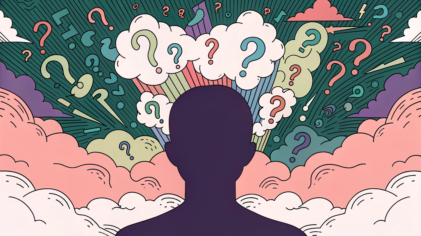 Illustration of a person's head filled with question marks and conflicting symbols, representing confusion about AI content.