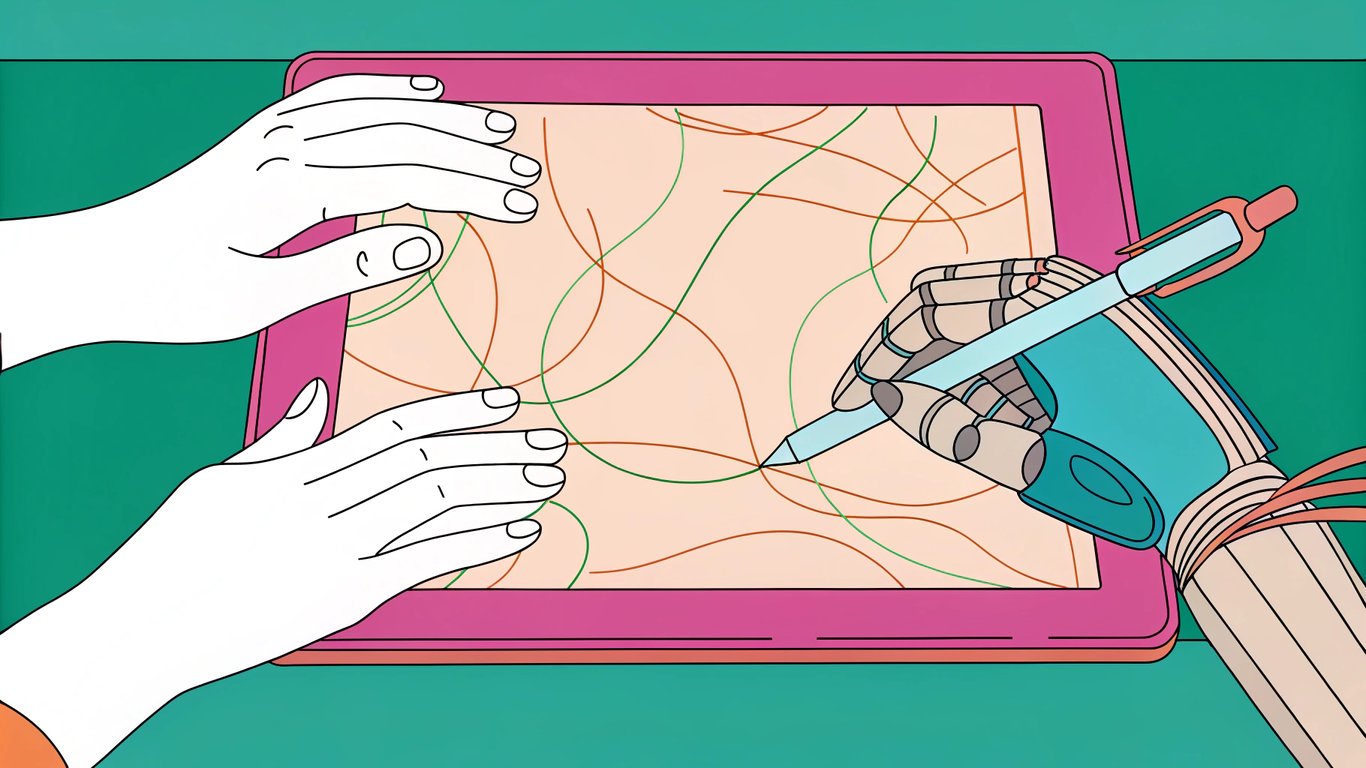 Illustration of a human hand and a robotic hand collaborating on a digital tablet, representing AI-assisted content creation.