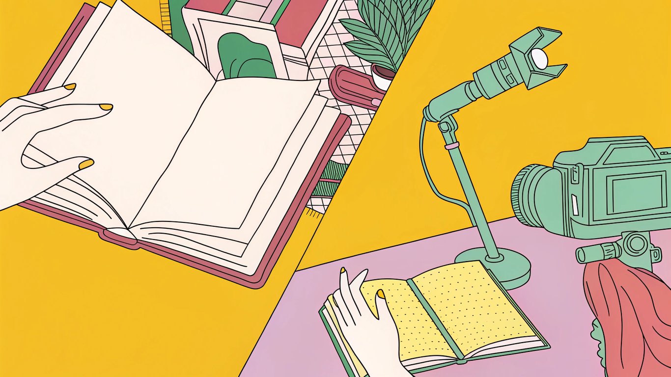 A visual comparison: on the left, a book being updated (republishing); on the right, the book transforming into different media formats (repurposing).